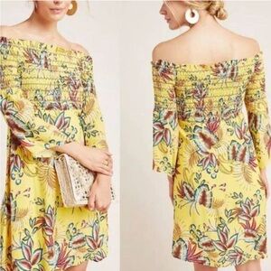 FARM RIO FOR ANTHROPOLOGIE BRIA DRESS SMOCKED TOP OFF SHOULDER FLORAL SZ M